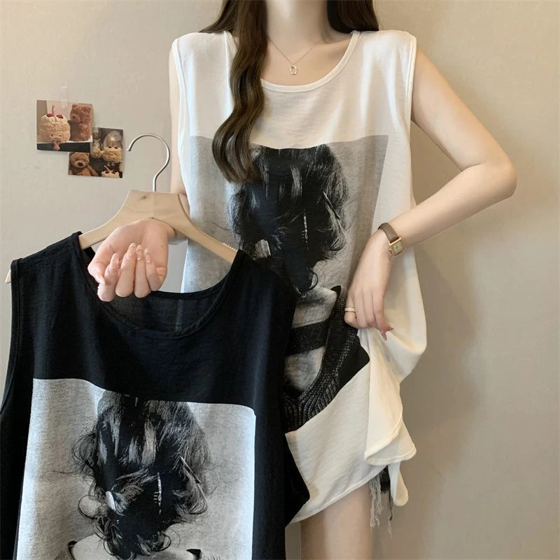 大码欧美风印花无袖背心女内搭2025夏季新款宽松显瘦胖mm长款上衣