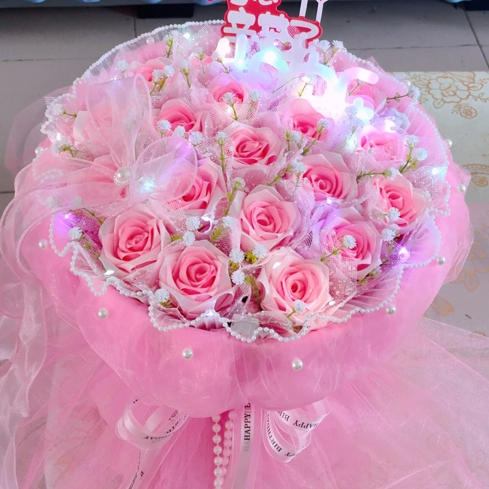 丝带玫瑰粉色系成品 生日礼物 情人节 表白浪漫花束 网红手工花