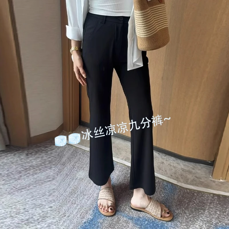 凉感面膜裤~冰丝九分微喇西装裤女夏薄款高腰显瘦垂感休闲直筒裤