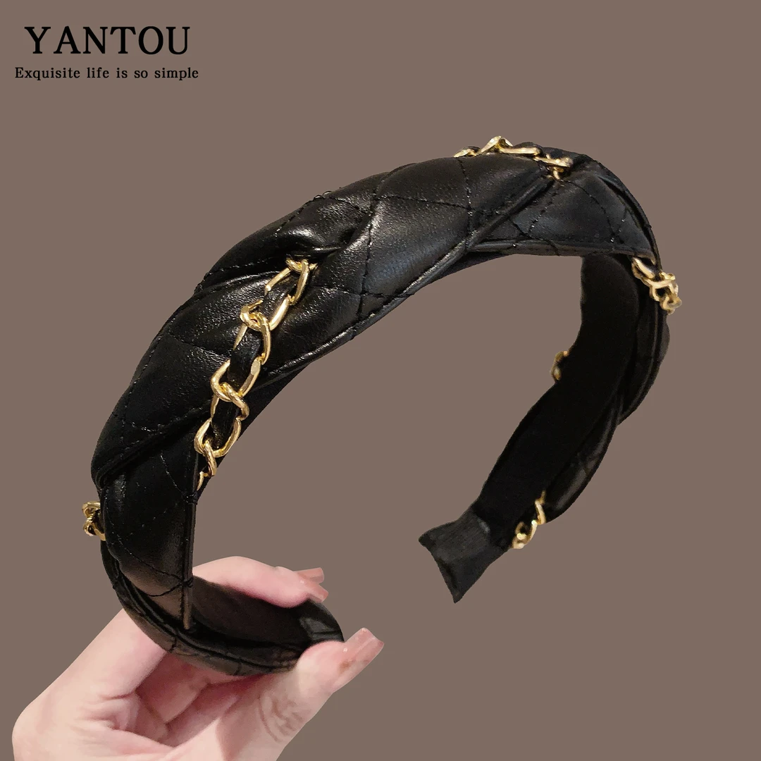 秋冬黑色气质麻花辫子发箍宽边pu皮链条头箍时尚高颅顶压发卡发饰