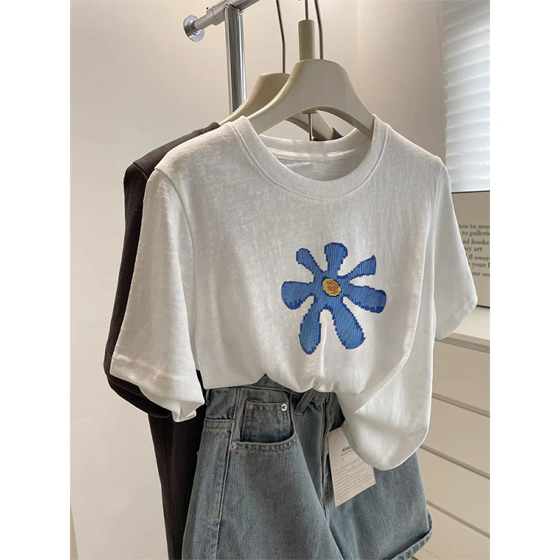 优质雪花棉圆领短袖白色T恤女2025夏季直筒版型休闲减龄时尚上衣