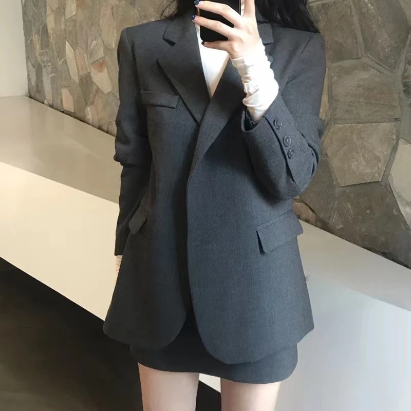 韩版ins2023春秋修身小西服套装女 西装领上衣高腰半身短裙两件套