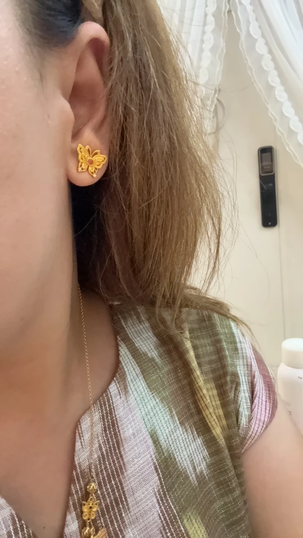 铜合金耳饰 Dlzea古法蝴蝶金色耳钉1313