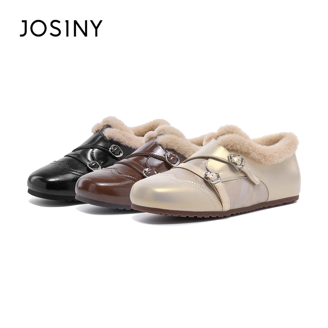 卓诗尼英伦风方头平底加绒小皮鞋女2025冬季新款时尚百搭保暖单鞋