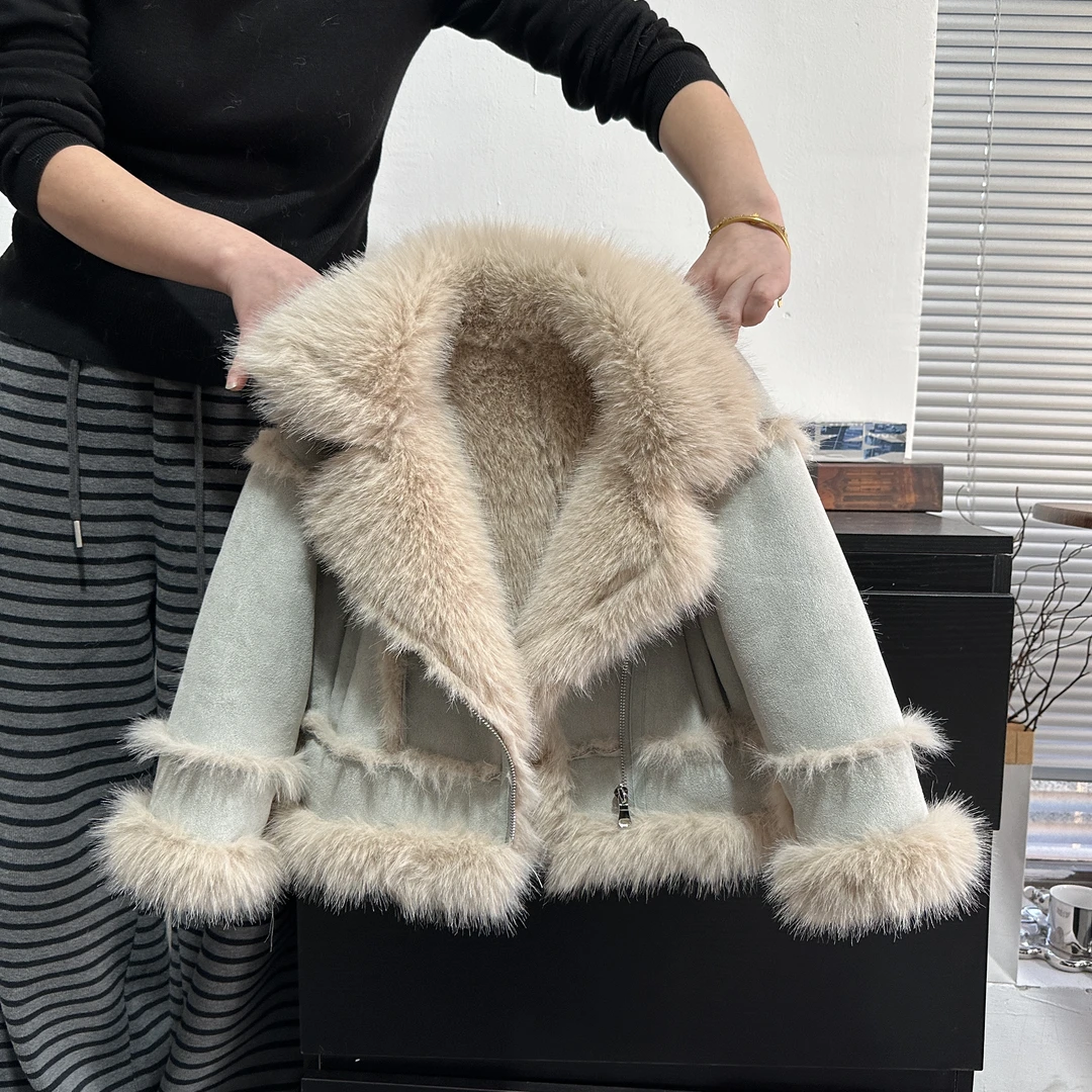 女童毛毛外套冬季雾霾蓝机车服短款韩版加绒加厚网红上衣24379