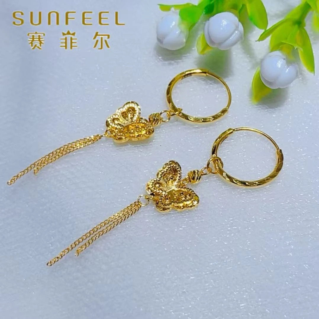 SUNFEEL/赛菲尔黄金足金双层蝴蝶流苏耳圈黄金耳饰造型时尚5G精工