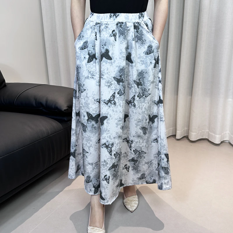 新款夏季薄款棉绸半身裙花色百搭松紧高腰显瘦时尚百褶人造棉长裙