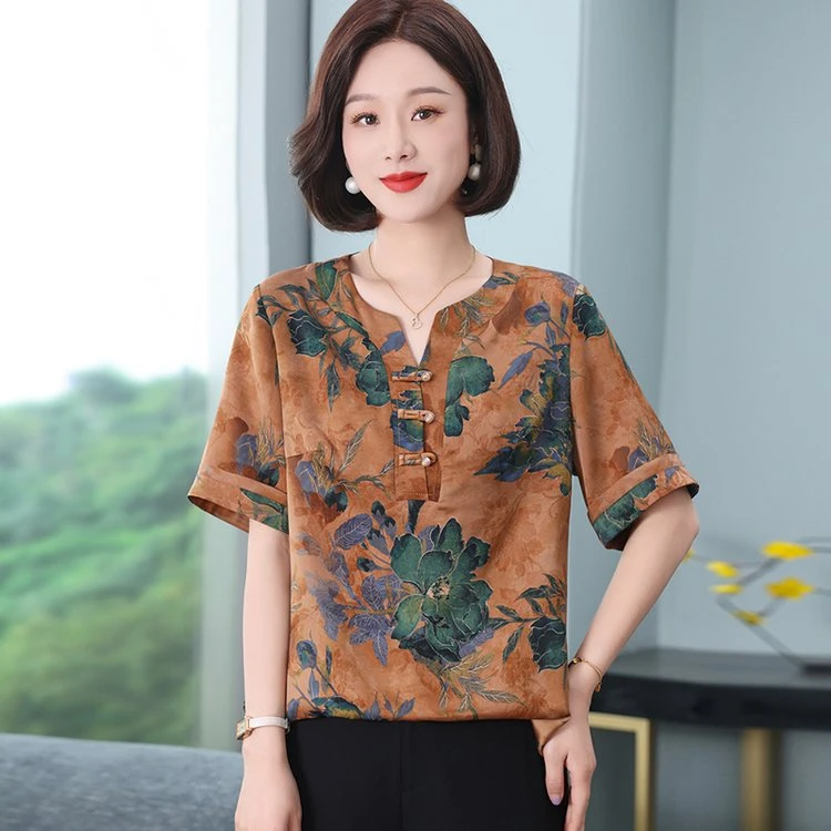 夏季新款大码妈妈装国风V领印花套装显瘦减龄A4524