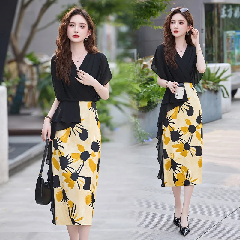 法式气质印花假两件连衣裙女2025年夏季新款名媛气质女人味包臀裙