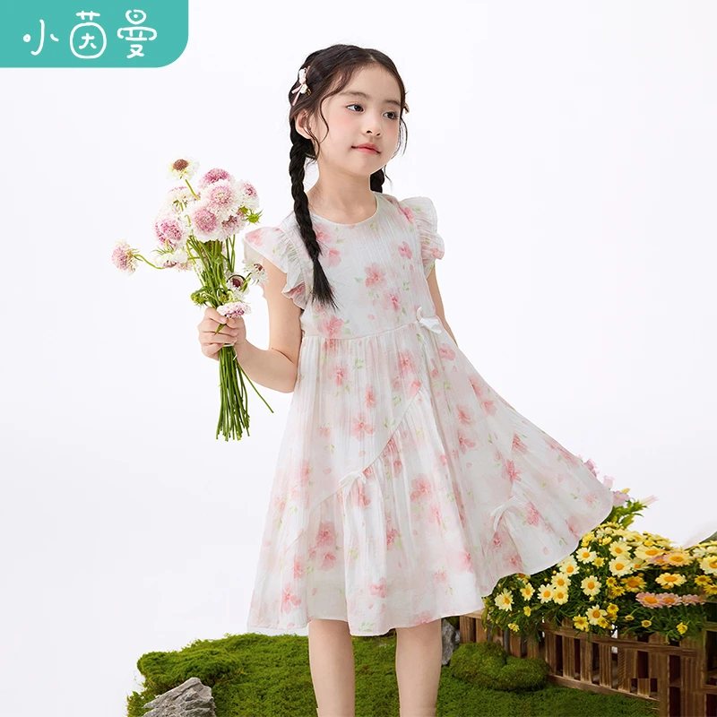 小茵曼女童甜美印花连衣裙2025秋季中大童女孩小飞袖长裙G3852347