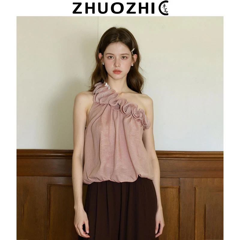 [卓芝]法式温柔花边斜领花苞背心2025夏季新款甜美露肩百搭上衣