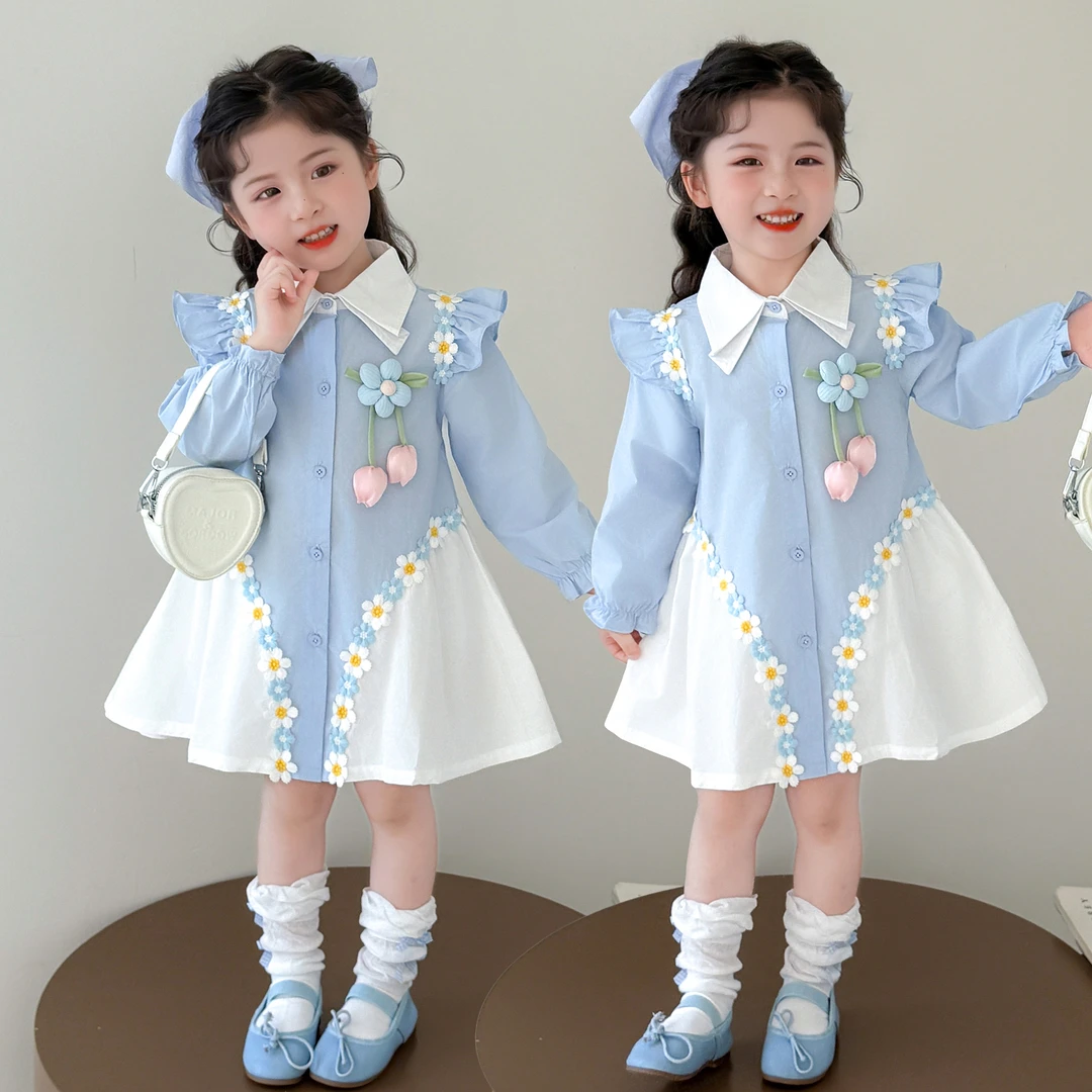 女童连衣裙秋装2025新款儿童洋气花朵公主裙女孩春秋甜美衬衫裙子
