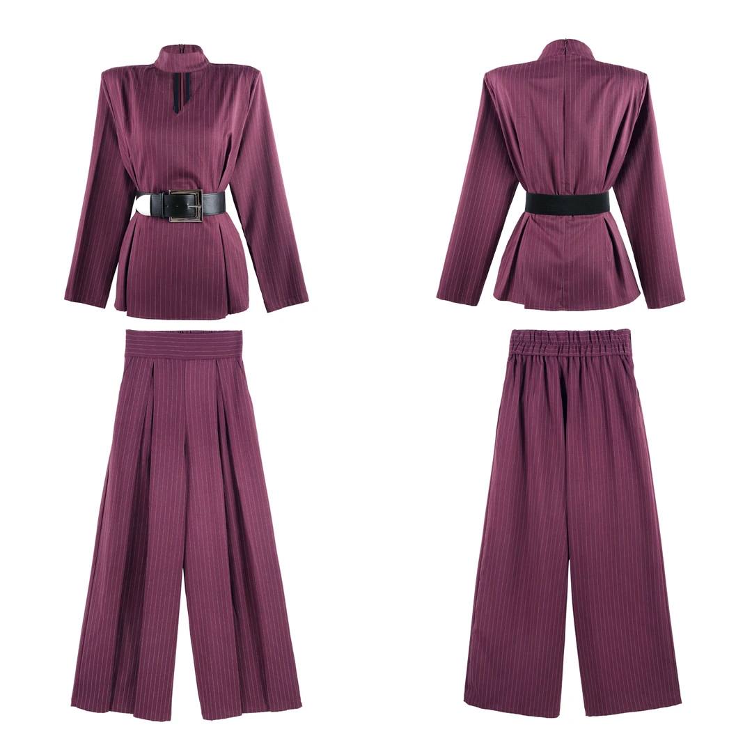 2025年秋季新款通勤风收腰阔腿条纹显瘦时尚套装HBZW652116