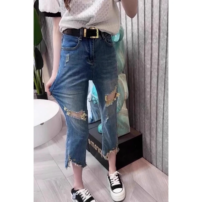春季新款大码女装弹力窄版直筒牛仔裤女复古小个子破洞九分烟管裤