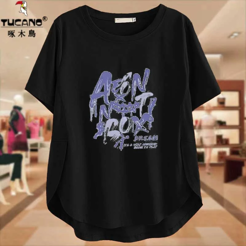 啄木鸟纯棉短袖T恤女装2025爆款洋气休闲装不规则黑色显瘦上衣服