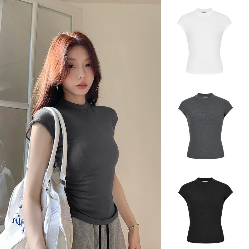Moses Queen/魔西女王半高领短袖正肩收腰T恤女内搭辣妹显瘦上衣