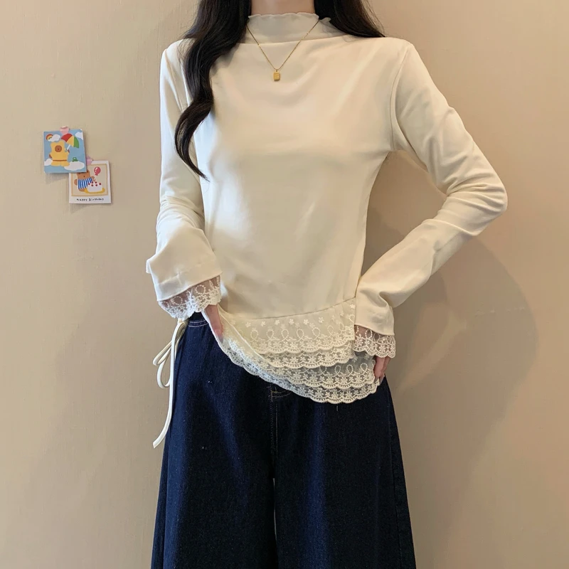 2024大码女装新款花边抽绳半高领打底衫拼接保暖上衣