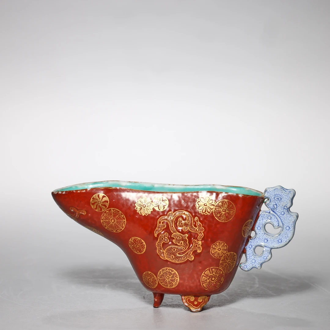 【预展专用】4104清乾隆.矾红描金皮球花纹把杯