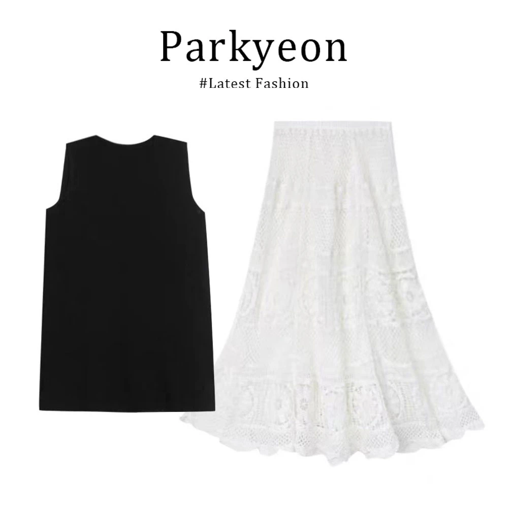 parkyeon夏季高级感法式赫本小香风黑色时尚无袖背心半身裙套装女