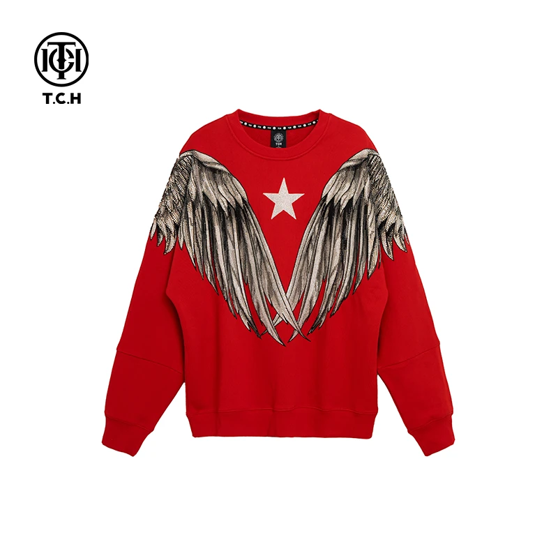 TCH轻奢烫钻工艺翅膀休闲新年红色圆领卫衣女T69D11E6065私服tch