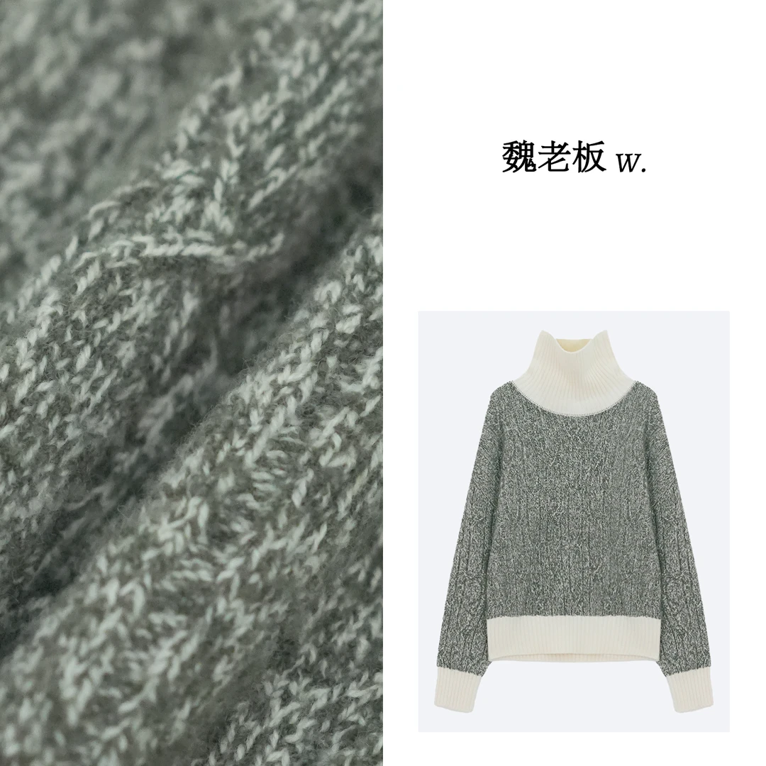 W.Diva【难忘】绵羊毛复古撞色洋气高领粗毛线套头针织衫4ZDM39800