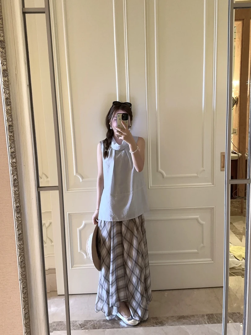 卡卡家 2025夏季新品法式气质复古度假飘逸垂感格纹半身裙长裙