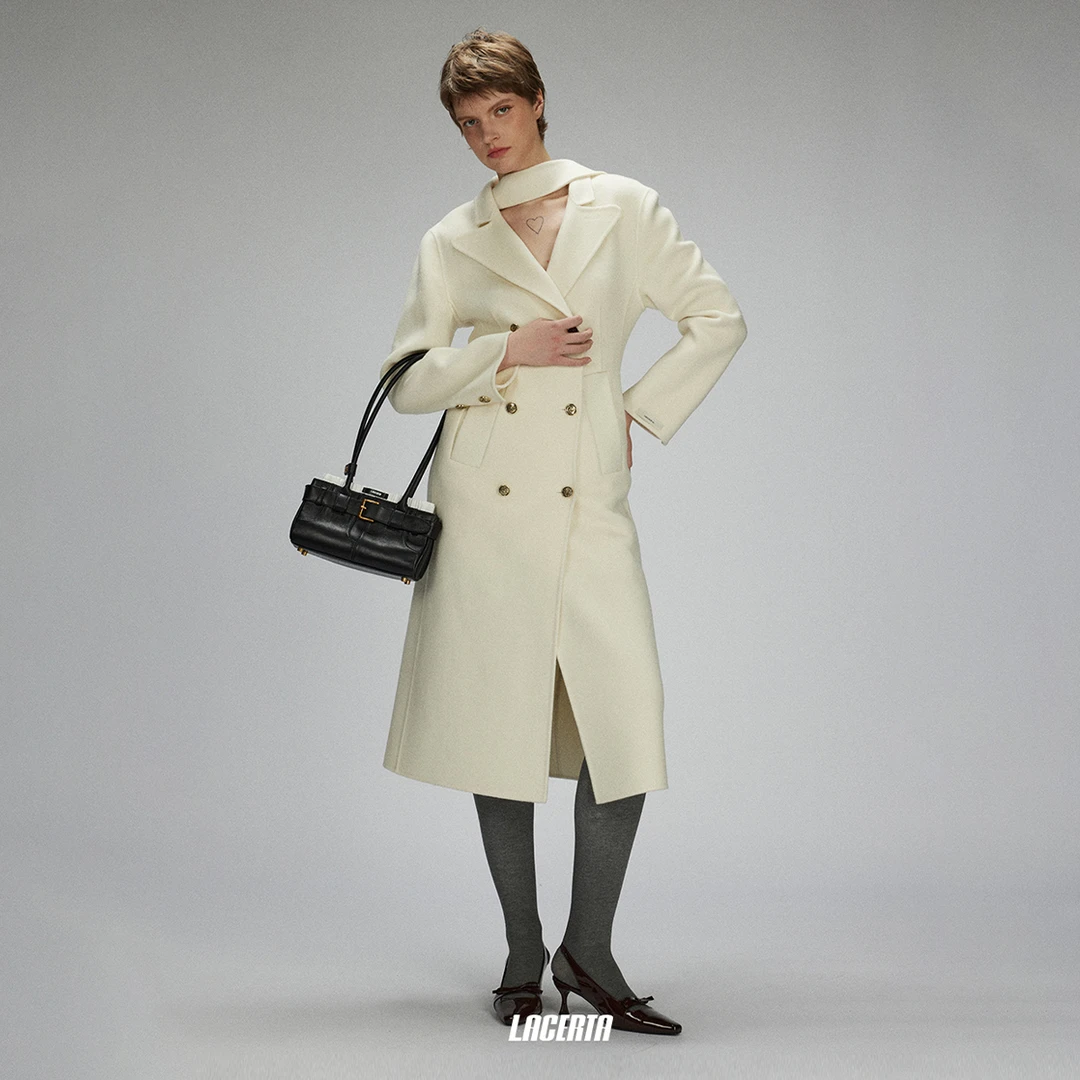 LACERTA LAUN 飘带品牌经典修身沙漏羊毛双面呢长大衣