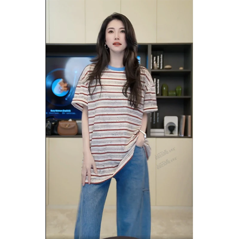 小乖逃Q时尚休闲红色条纹T恤蓝色领T恤宽松短袖透气夏季S25181