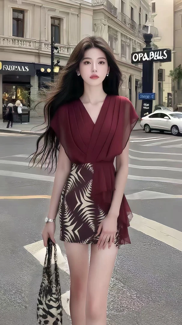 轻奢高端大气温柔风穿搭酒红色V领修身收腰包臀印花设计感连衣裙