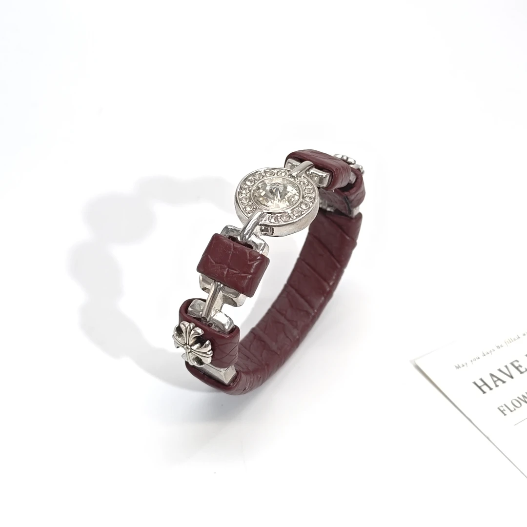 铜合金皮质手镯 07002复古气质绕皮闪闪圆锆十字个性手镯