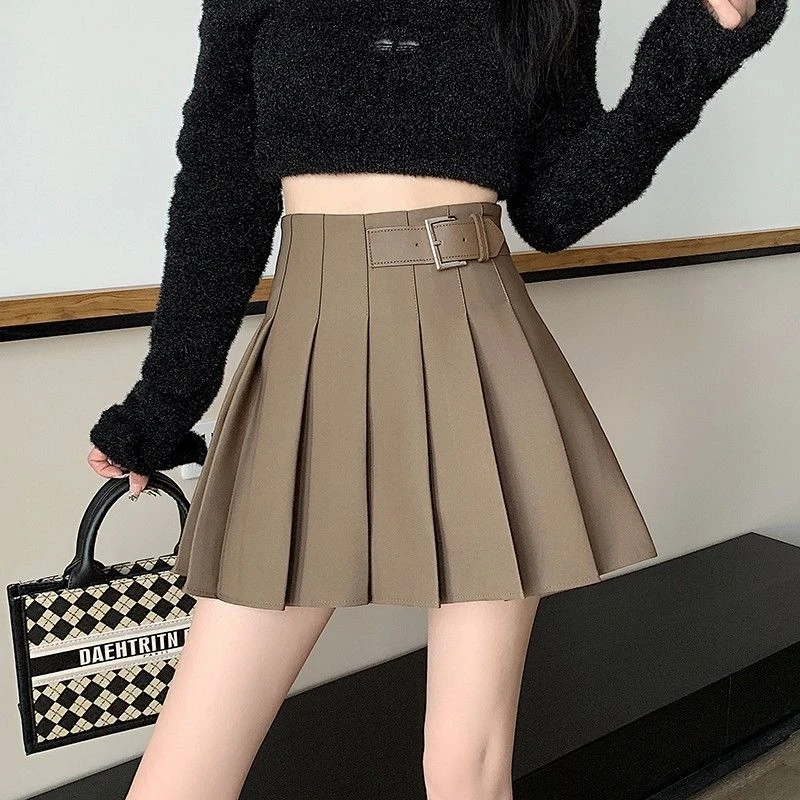 卡其色辣妹裙子jk百褶短裙女春夏2024新款高腰裙子蓬蓬a字半身裙