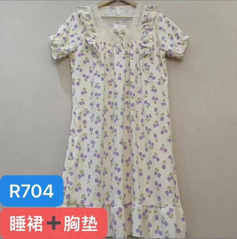 R704夏季清凉一夏紫色郁金香睡裙带胸垫