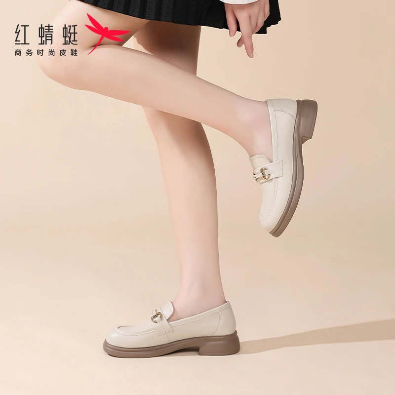 红蜻蜓女鞋2025新款妈妈鞋夏季真皮软皮软底英伦黑色皮鞋一脚蹬女