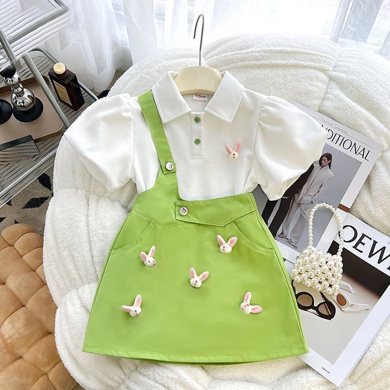 女童背带裙套装夏季韩版小女孩休闲洋气兔子短袖单边背带裙两件套