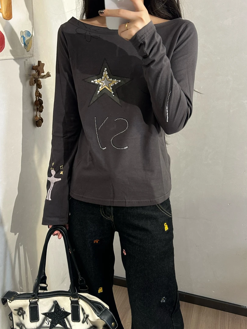 叁缺壹 早秋韩系氛围感穿搭露肩一字领长袖T恤女打底衫上衣