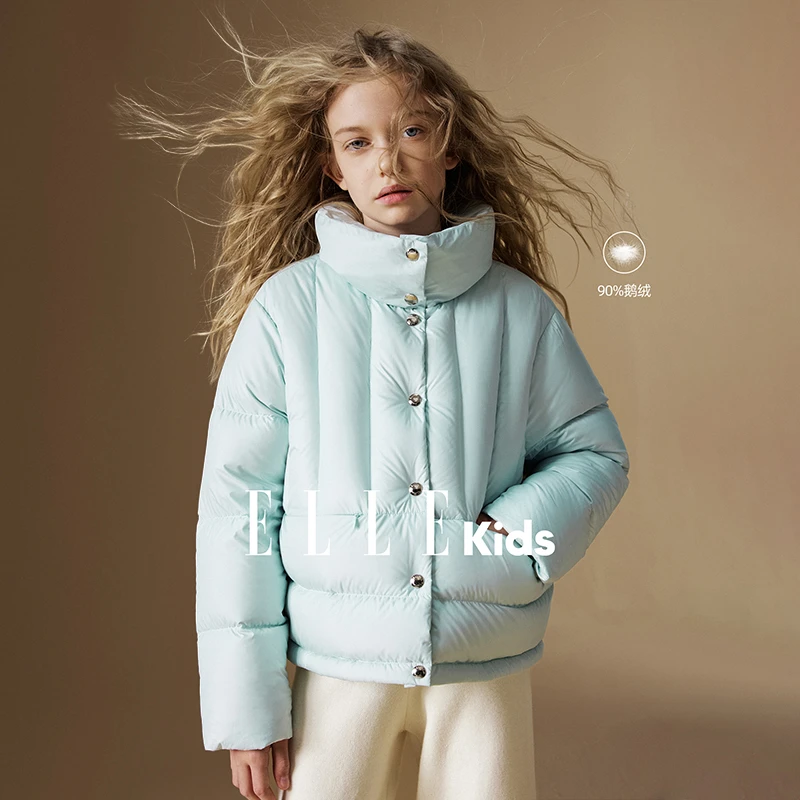 ELLE KIDS童装翻领廓形羽绒服女童显瘦防风90%白鹅绒外套冬新款D1