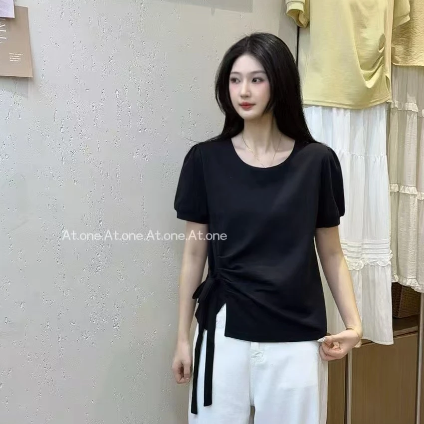 Meiky饼 韩版简约 纯色侧边压褶绑带收腰短袖T恤 4色