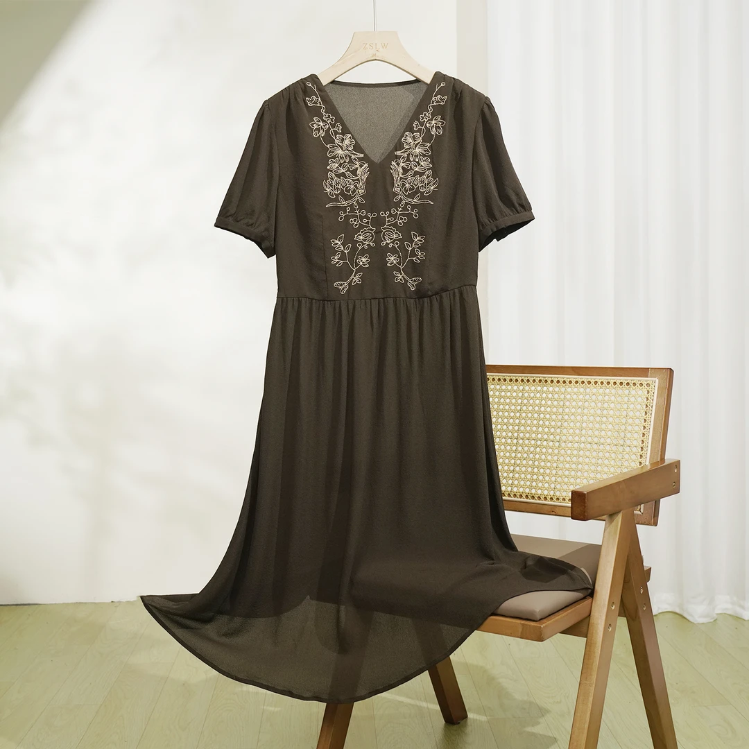 【绣影】100%桑蚕丝鬼皱刺绣连衣裙时尚显瘦宽气质法式夏季复古1291