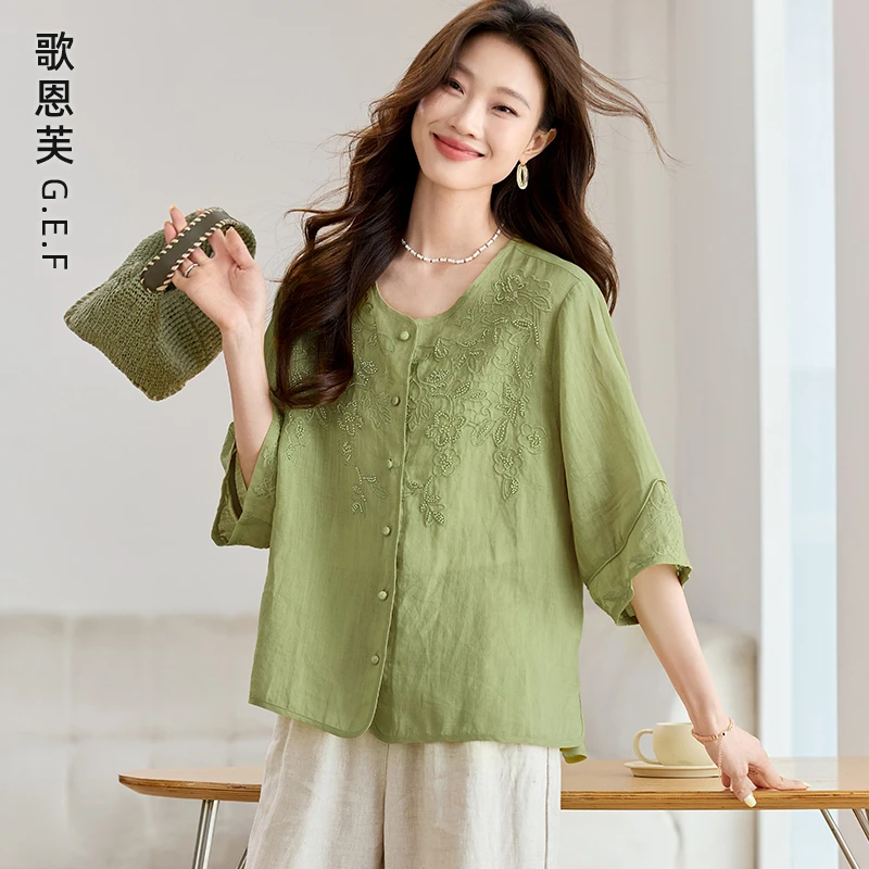 高端苎麻衬衫女夏季2025新款棉麻风上衣妈妈休闲洋气减龄漂亮小衫