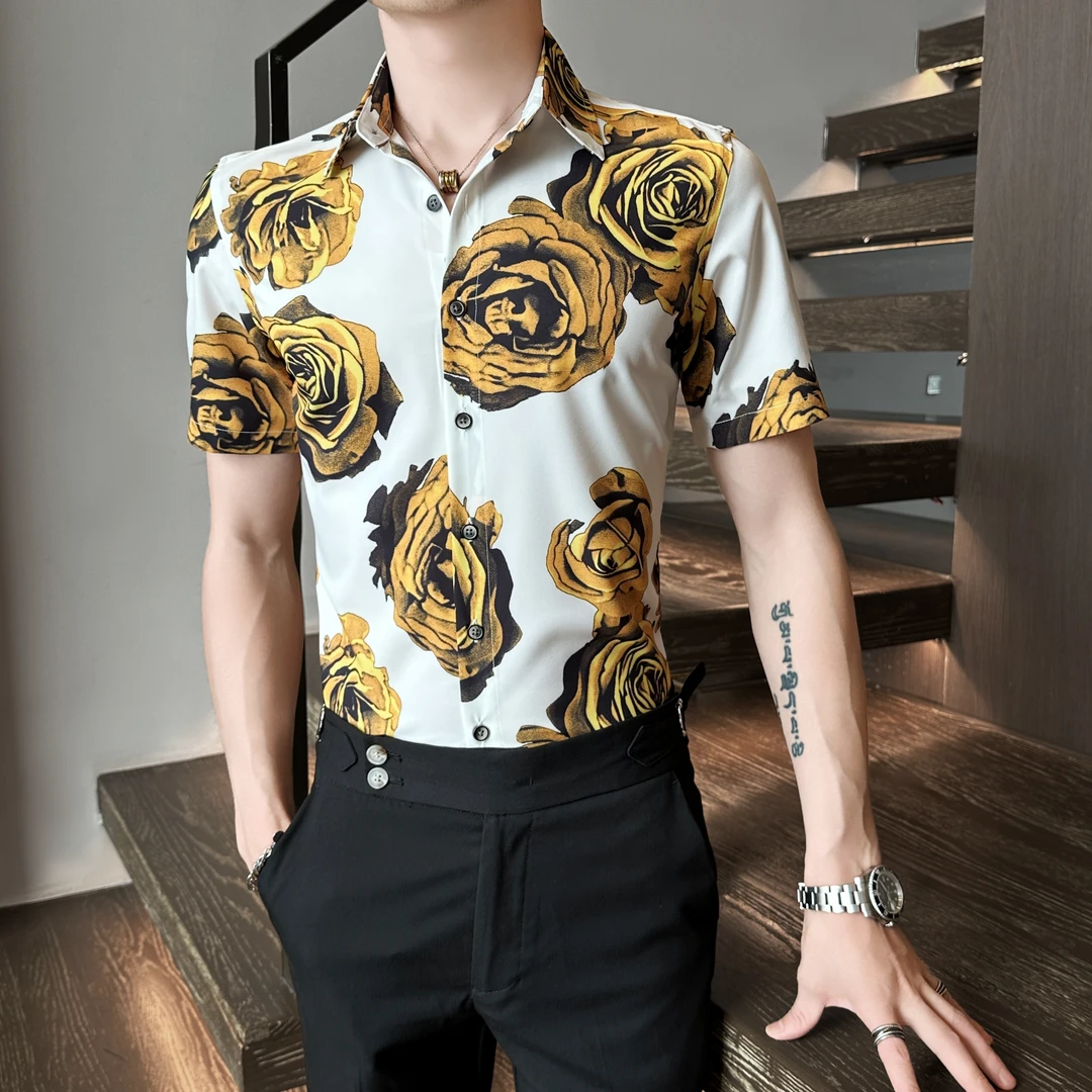 高级感男士花衬衫短袖夏季2025新款网红痞帅印花休闲衬衣薄款个性