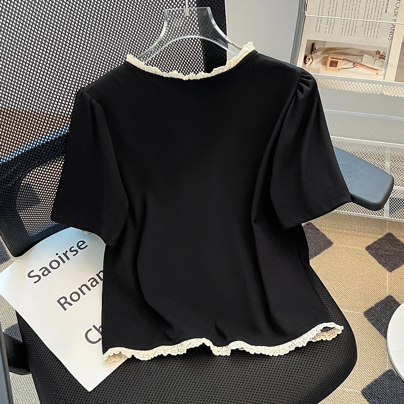 法式冰丝针织衫短袖t恤女夏蕾丝边v领别致漂亮小衫小香风黑色上衣