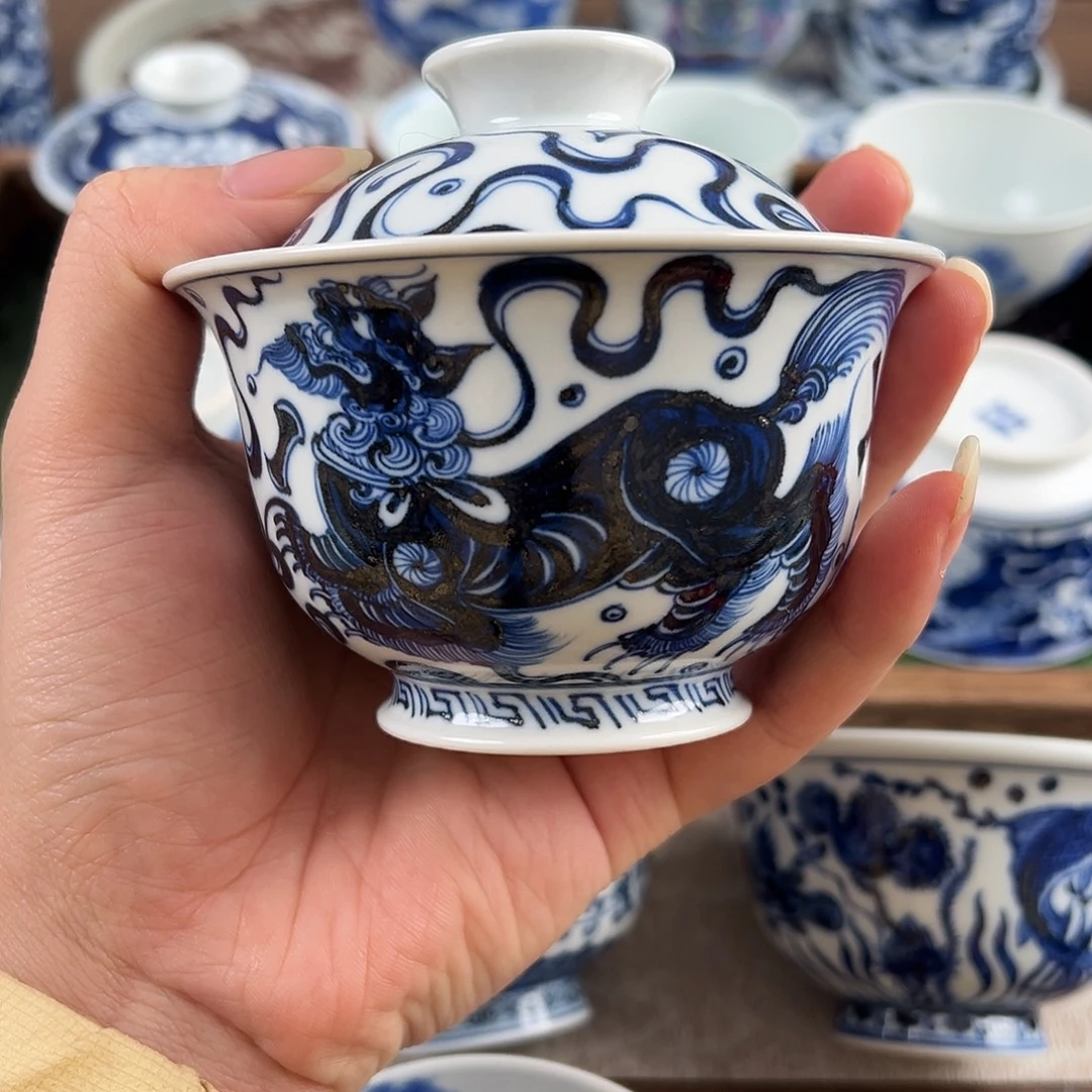 青花双狮大盖碗手工手绘