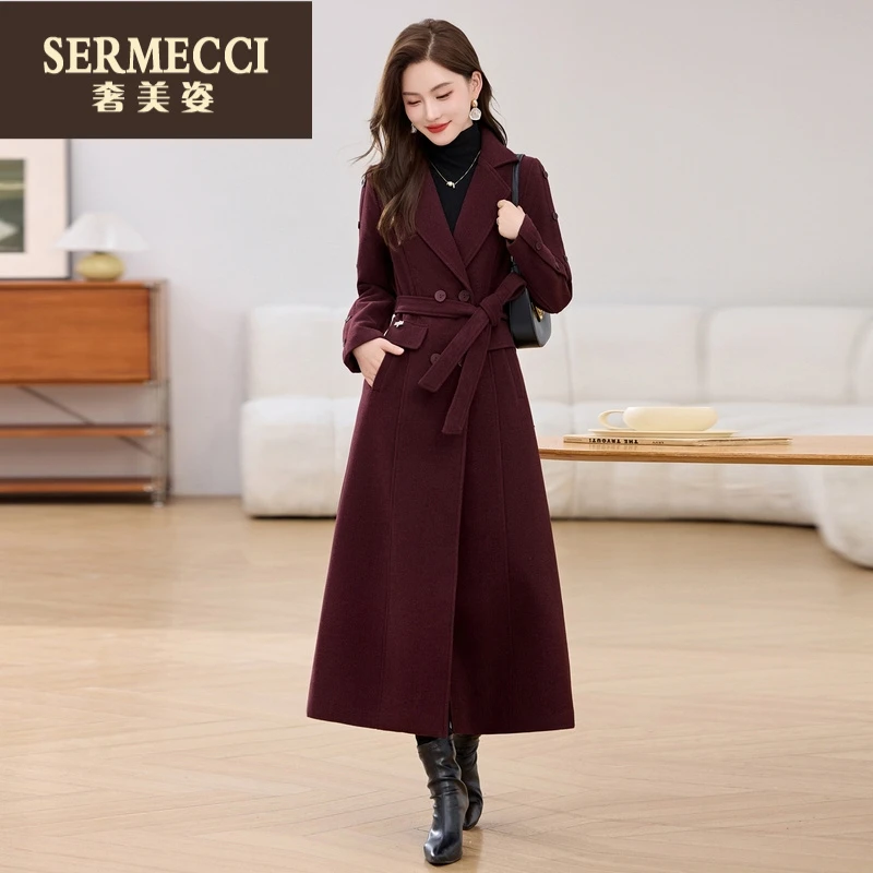 奢美姿优雅气质加厚毛呢外套女2025秋冬季新款系带收腰显瘦大衣