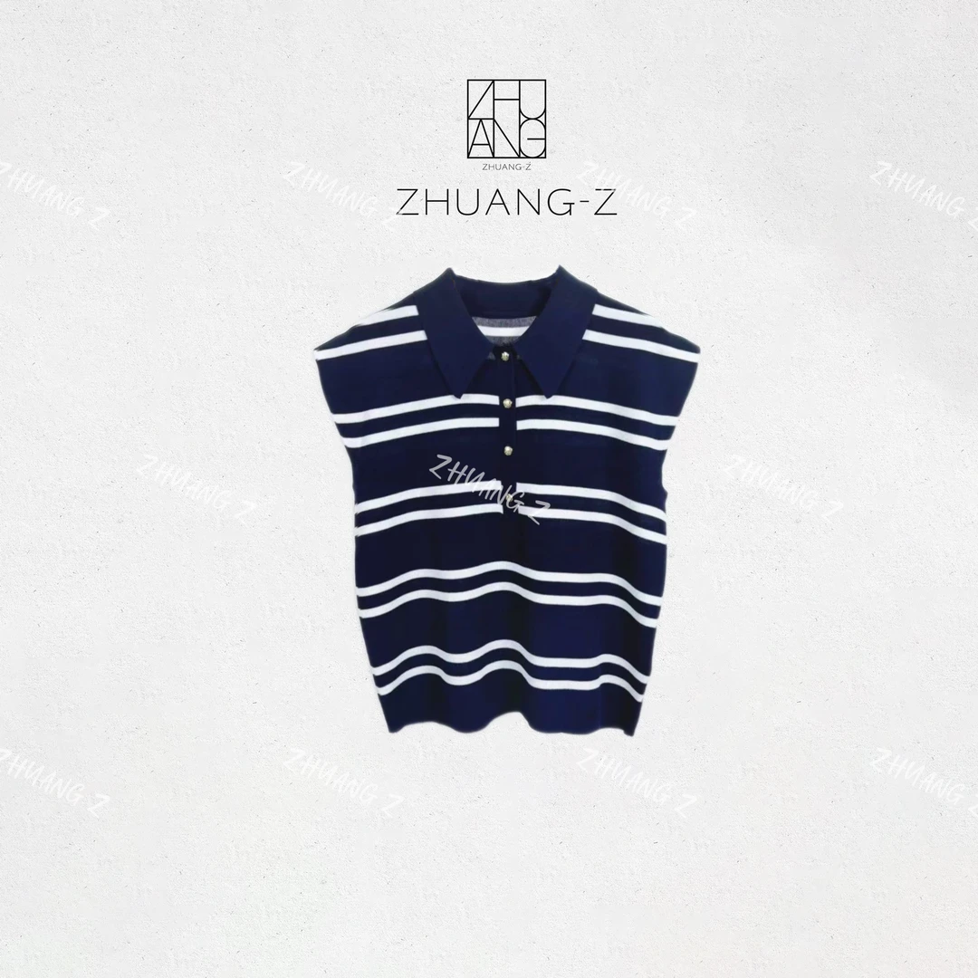 【ZHUANG -Z】（航海日记）条纹夏季拼色POLO领显瘦轻薄小飞袖针织衫