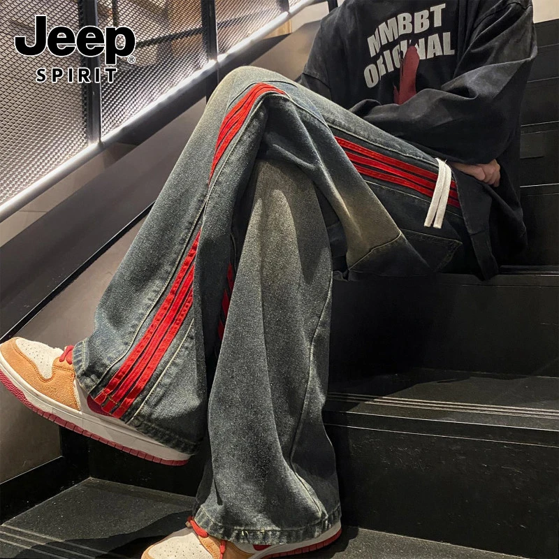 JEEPSPIRIT吉普复古条纹牛仔裤男生秋冬潮牌美式高街裤子潮流宽松