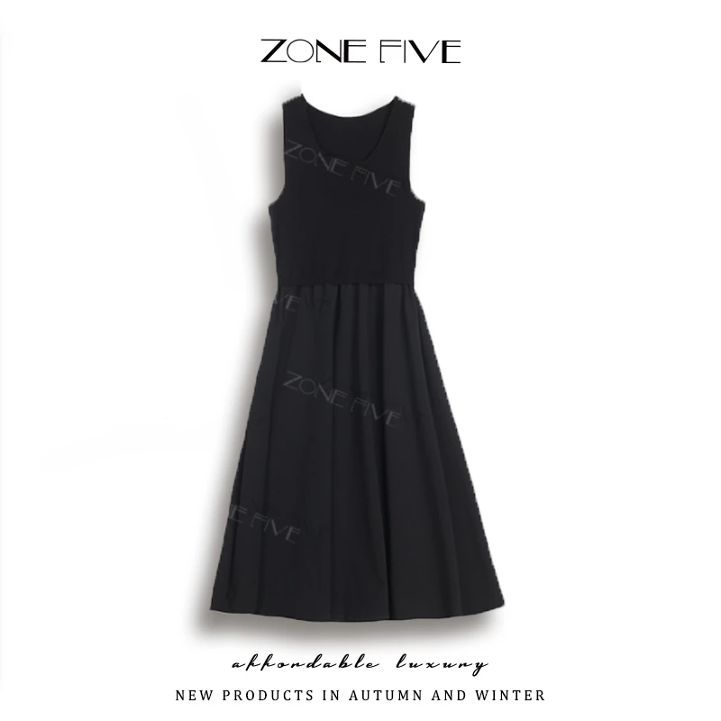 【ZONE FIVE】气质长裙圆领小黑裙高弹力无袖套头休闲风纯色