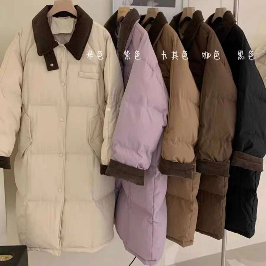 新款大朵白鸭绒新款灯芯绒领拼接中长款羽绒服