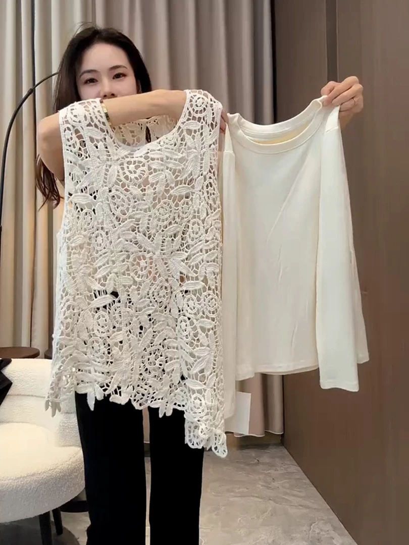 小个子穿搭一整套轻奢高级感独特绝美米白色T恤镂空马甲套装女秋