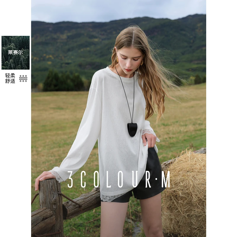 三彩2025春季新款莱赛尔天丝白色T蕾丝花边拼接上衣休闲宽松女M