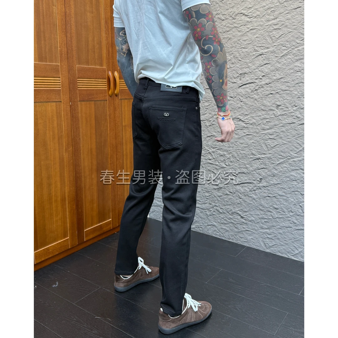 2025秋冬新品时尚休闲百搭净版黑色加绒修身牛仔裤2001